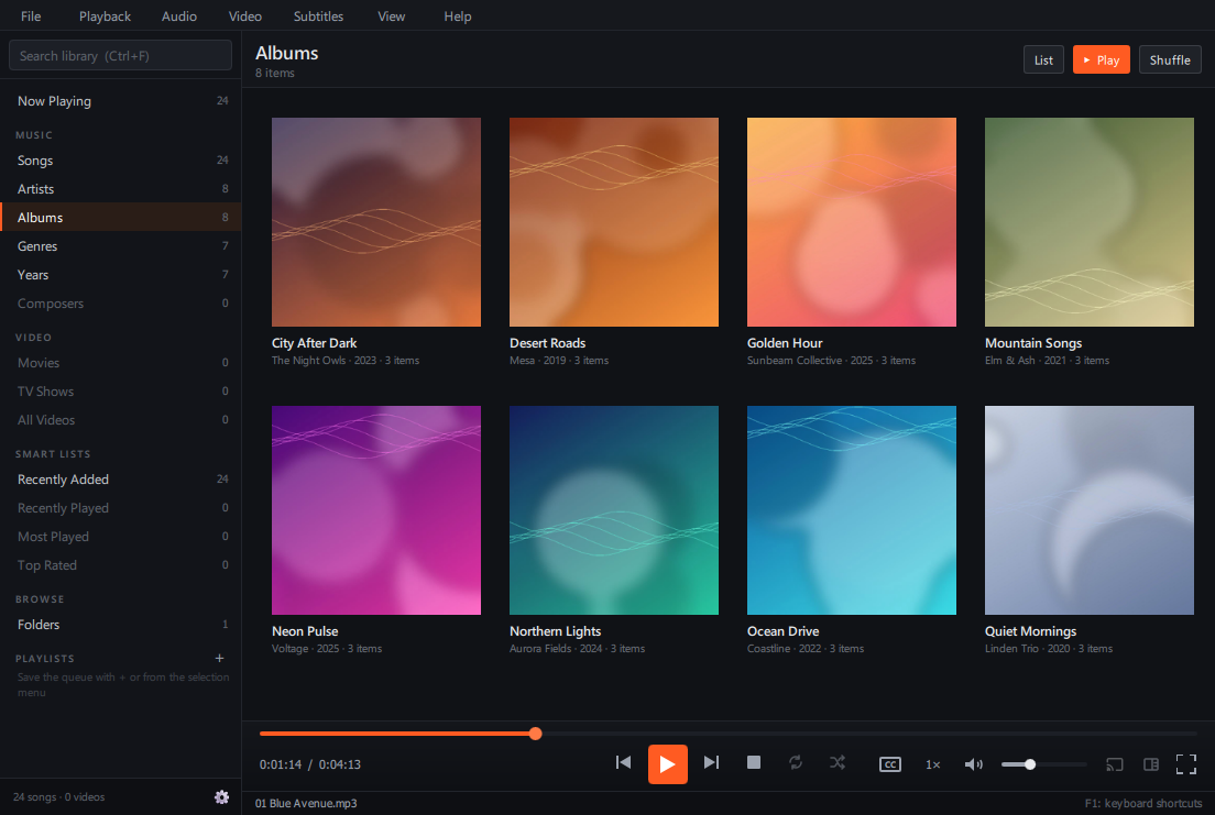 Motaware Media Player showing the album view of a music library, with the sidebar of library categories and the playback controls