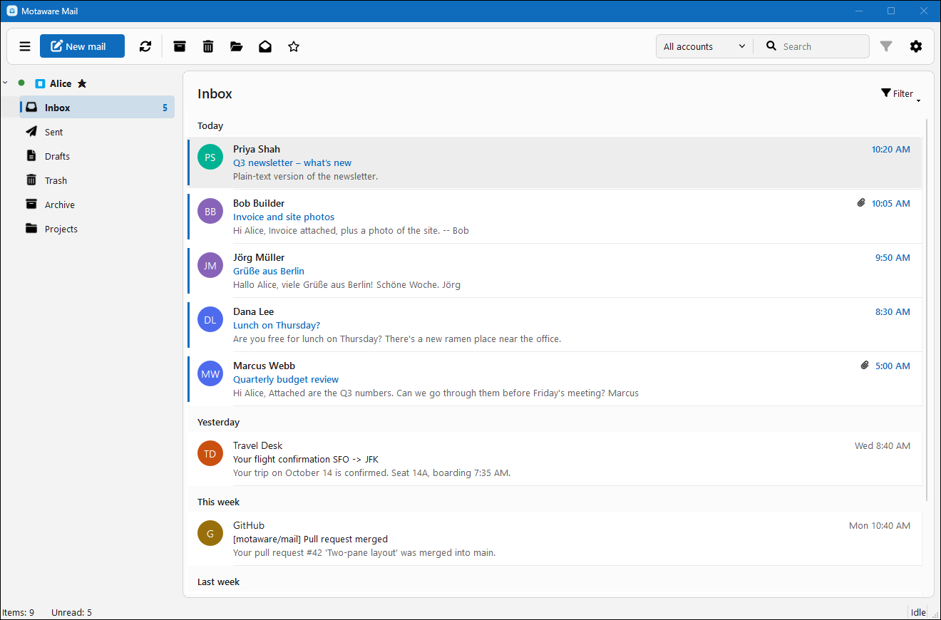 Motaware Mail showing an inbox grouped by day, with the folder list on the left and the toolbar with the search box at the top